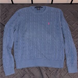 Ralph Lauren Blue Cable Knit Sweater with Pink Logo